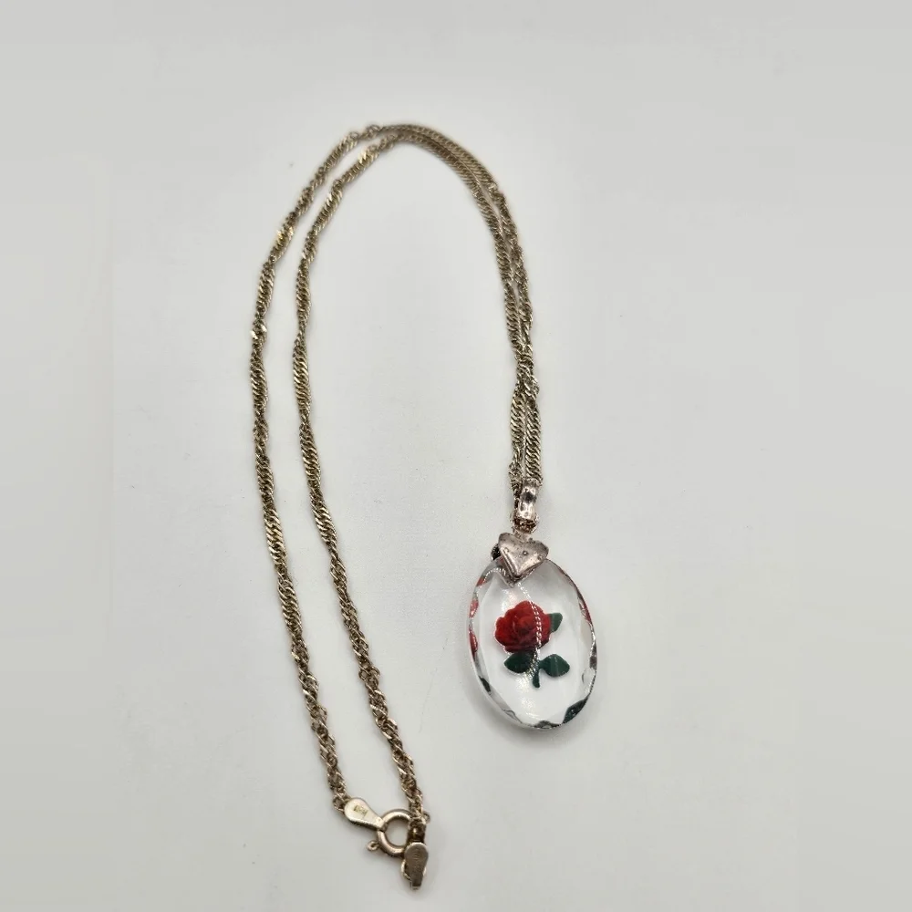 Reverse painted Rose on crystal Milor Italy sterling silver pendant necklace